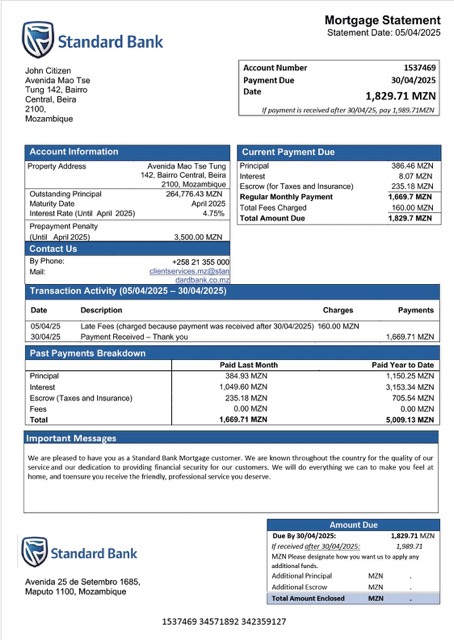Download Mozambique Standard Bank mortgage statement Word and PDF template Photoshop template